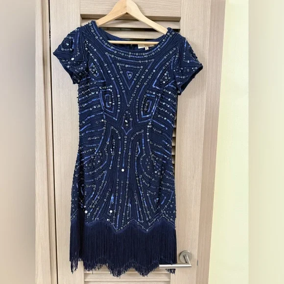 aidan mattox blue beaded dress Aidan Mattox V-Neck Halter Beaded Gown